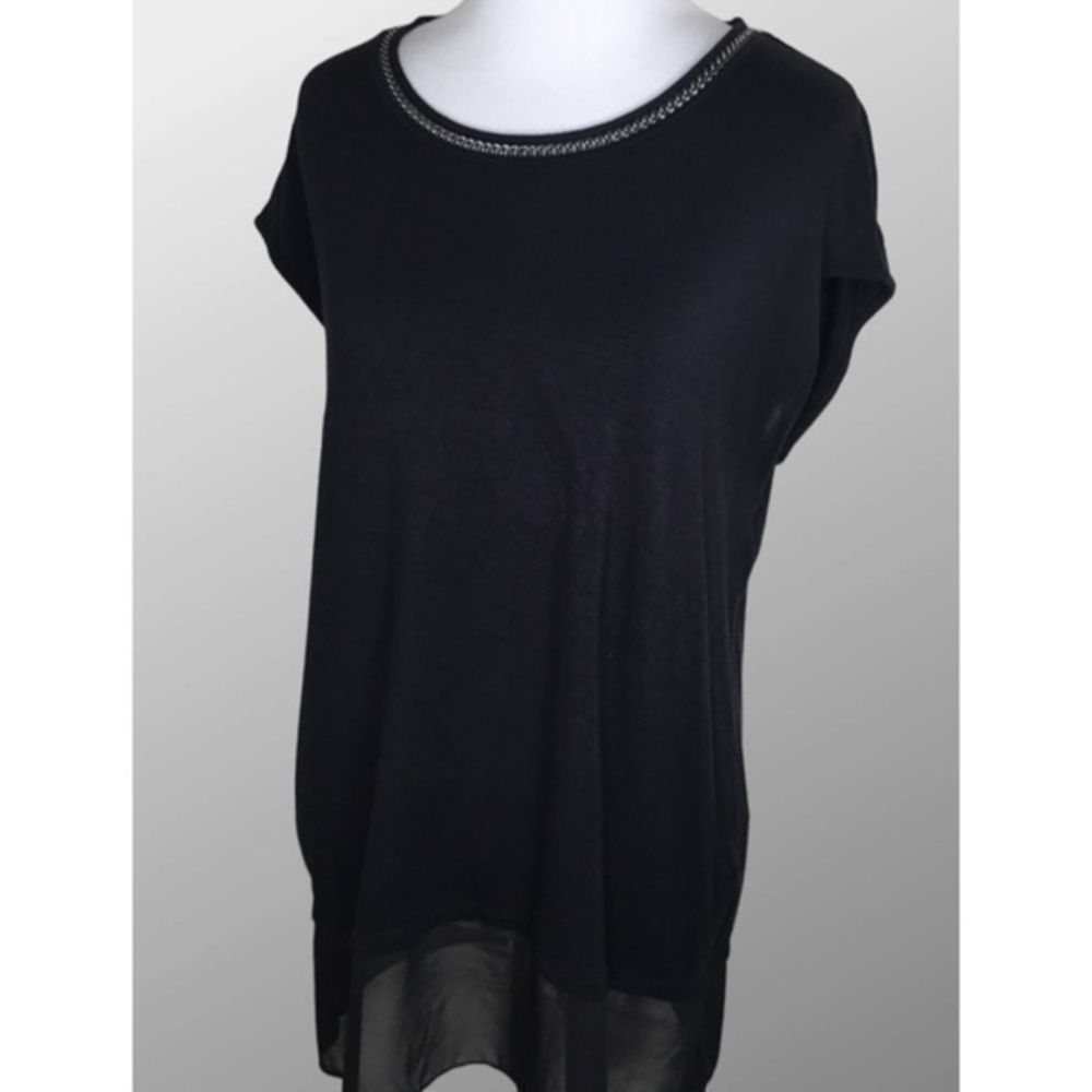 Rose & Olive Black Pullover Tunic Sweater Silver Chain Embellished Neckline M